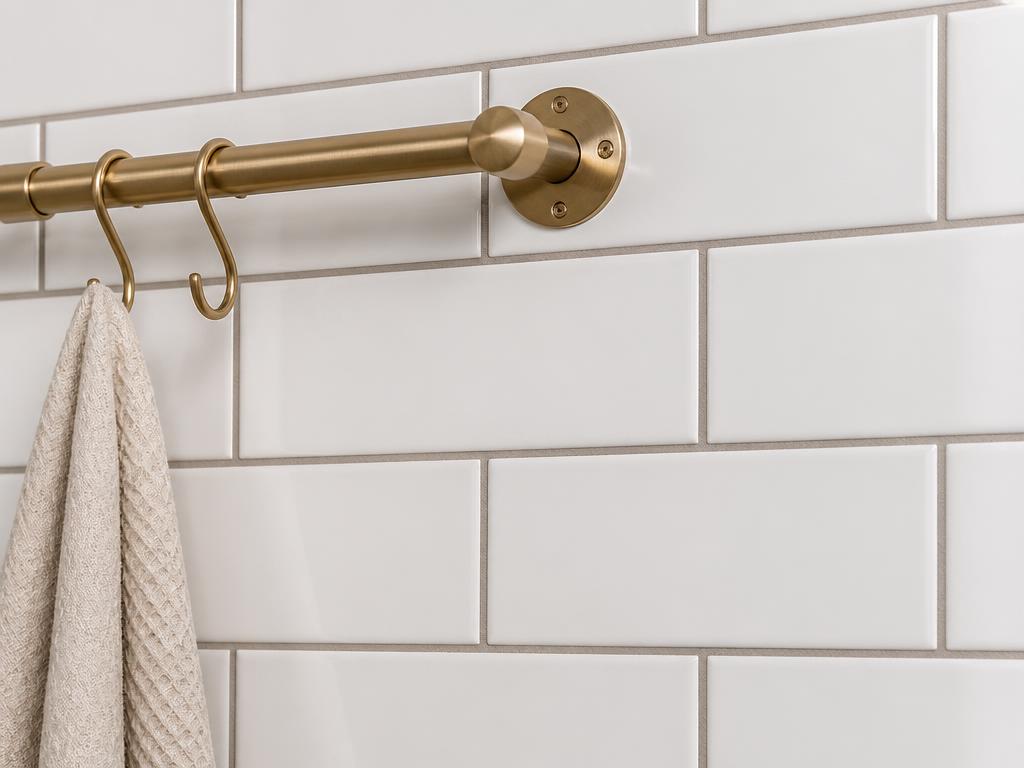 White subway tile wall with warm gray grout and brass rail