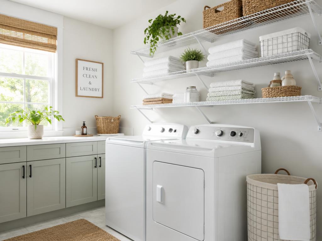 Bright laundry room with open wire shelving and baskets
