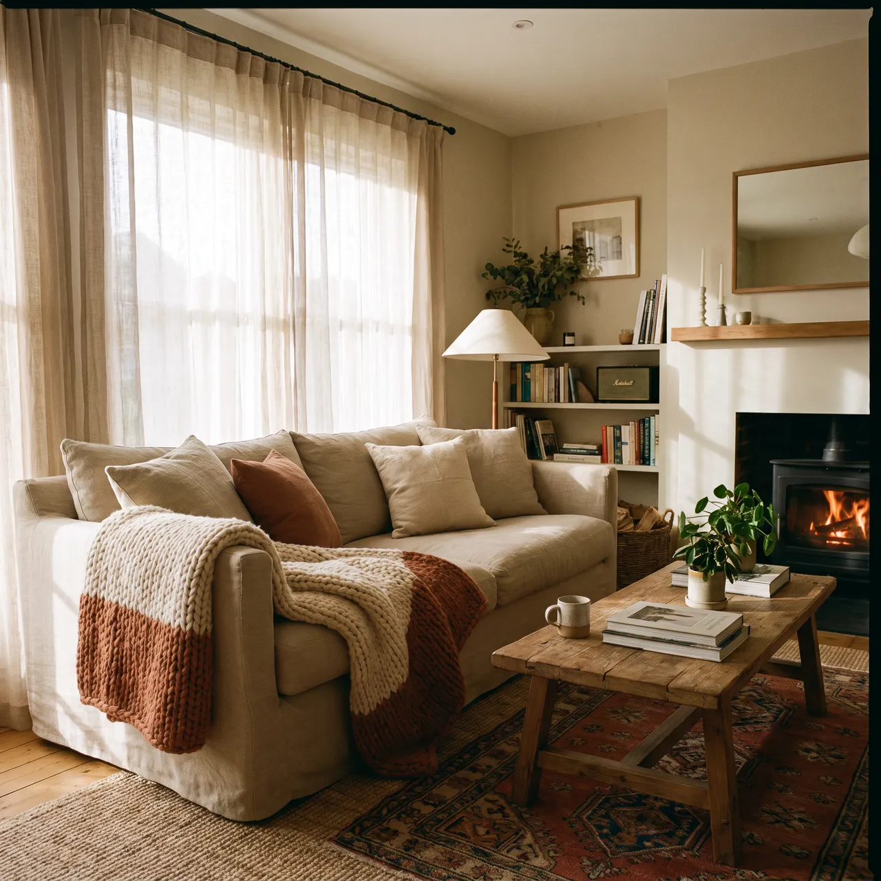 warm photo of a cozy living room with a linen sofa, knitted throw blanket, wooden coffee table and soft afternoon light through sheer curtains