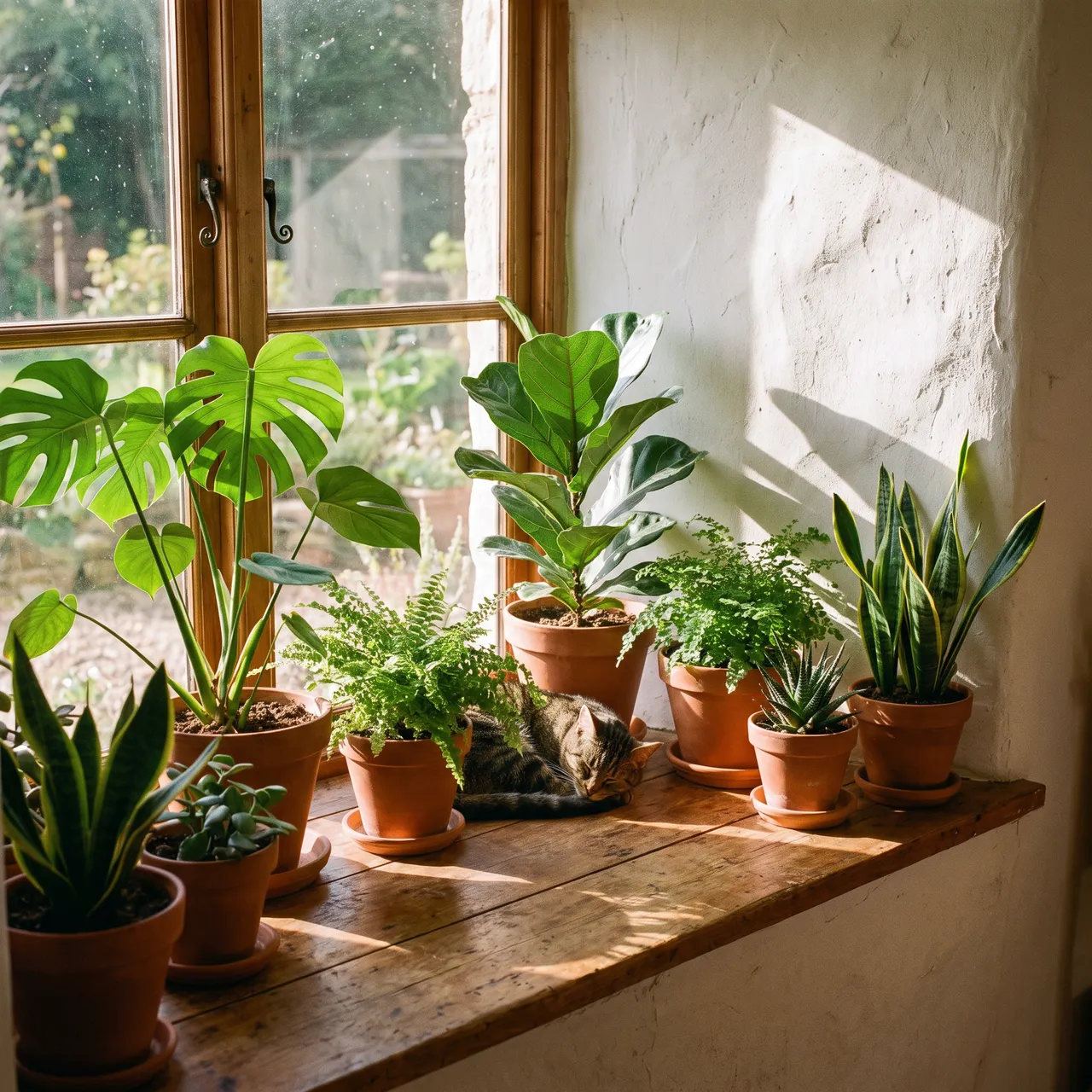calm photo of potted green houseplants on a sunlit wooden windowsill with terracotta pots and a white wall
