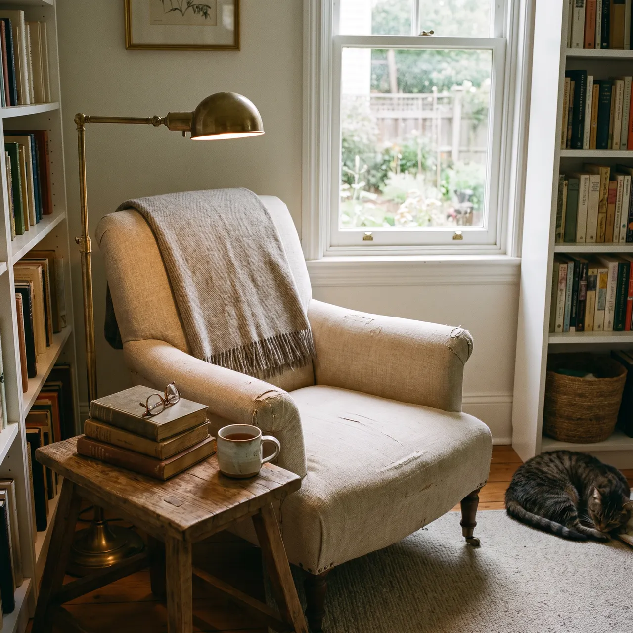 peaceful photo of a reading corner with an upholstered armchair, a brass floor lamp, a stack of books and a ceramic mug on a small side table