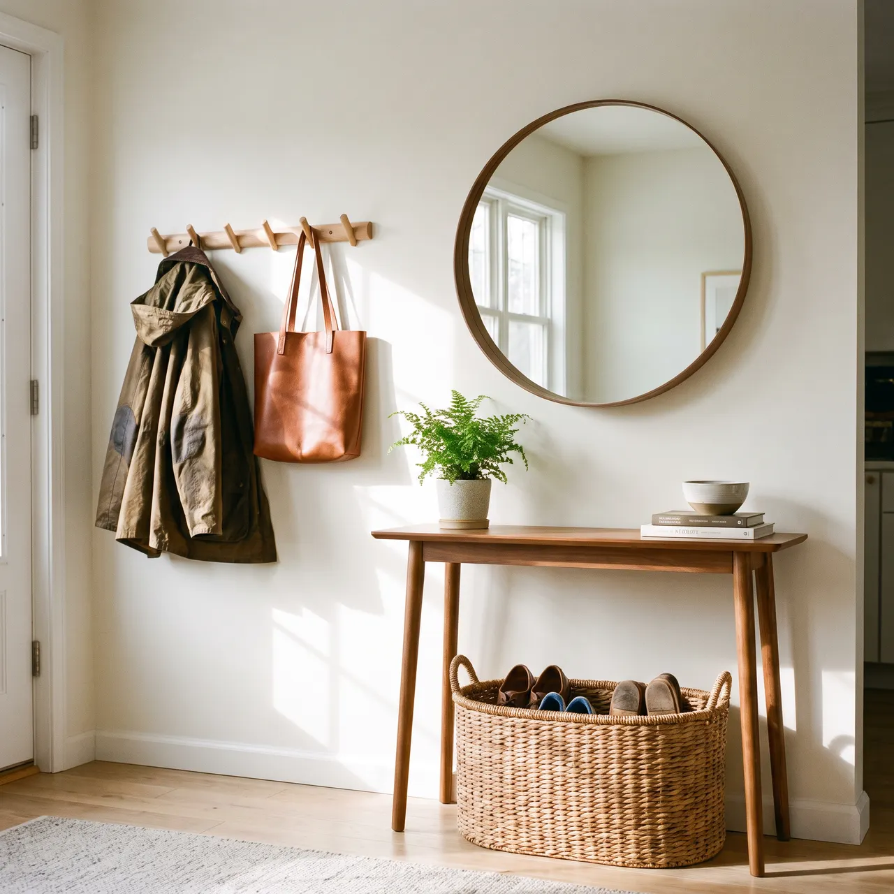 bright photo of a tidy home entryway with wall hooks holding a coat and tote bag, a round mirror, a woven basket and a small plant on a console table
